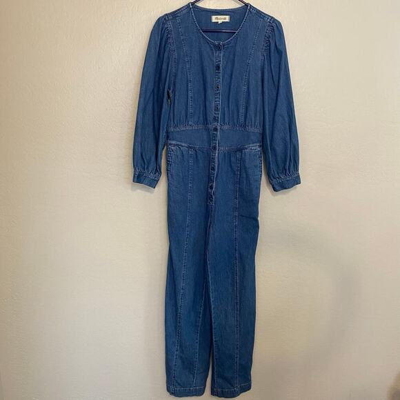 Madewell Denim Straight Leg Jumpsuit Womens Size 2 Cotton Hemp Puff Sleeve Fall - Picture 4 of 7